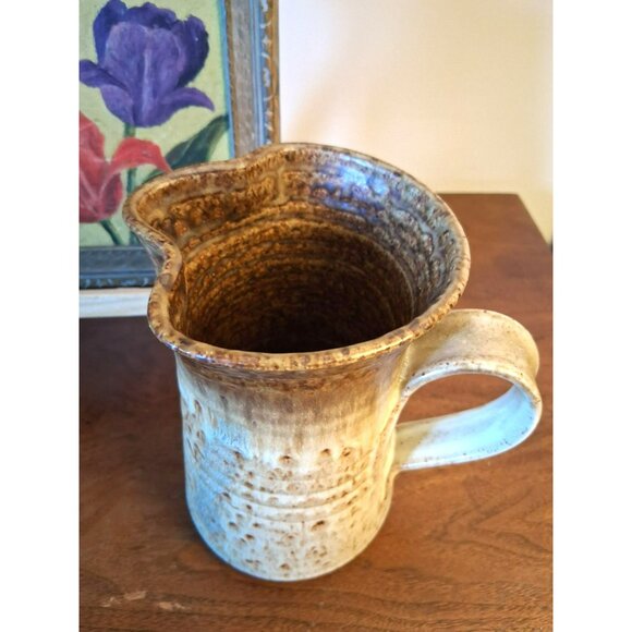 Handmade Vintage Stoneware Pottery Jug With Handle & Spout Rustic Brown & Cream - Picture 3 of 10